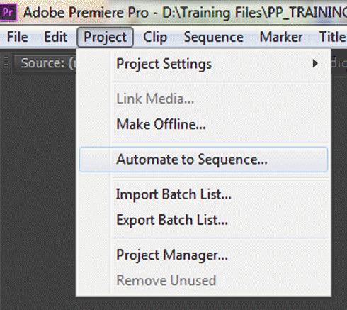 Showing the project menu option for automate to sequence