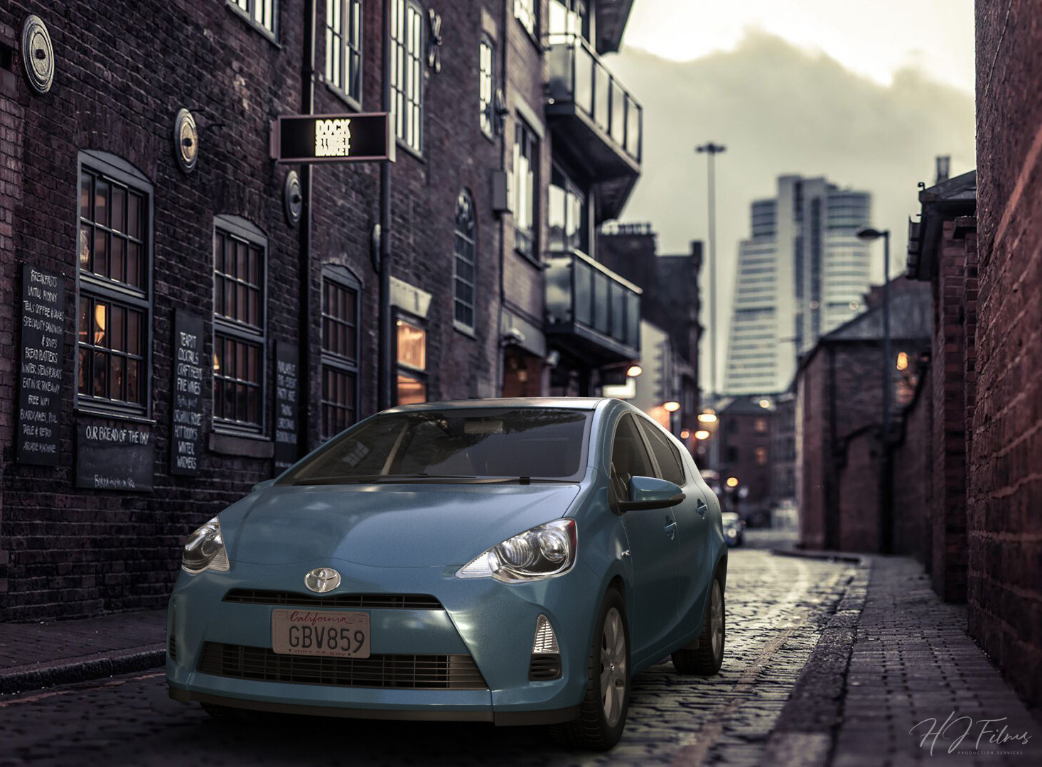 3D-rendered blue car parked on a city street