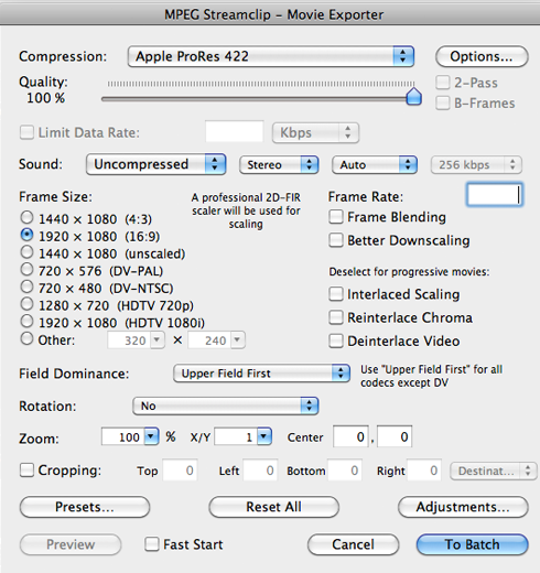 Correct Mpeg Streamclip Transcoding settings for Pro Res