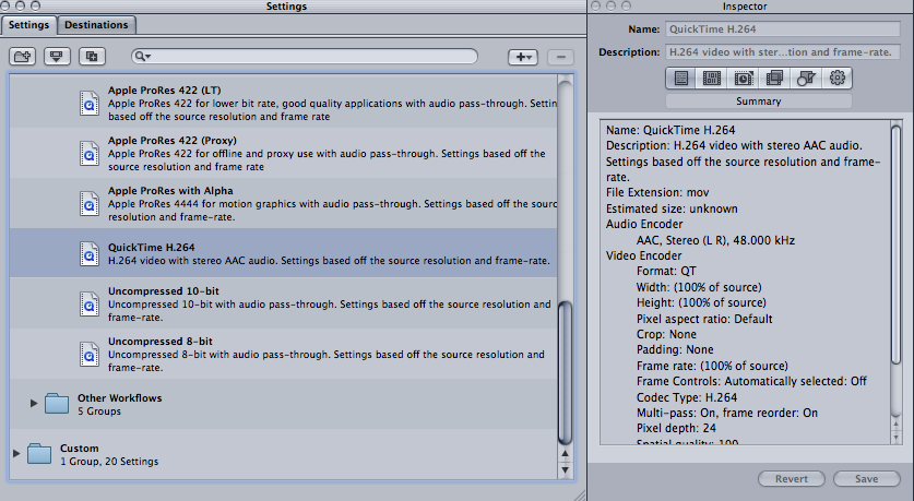 Create presets in Compressor H264