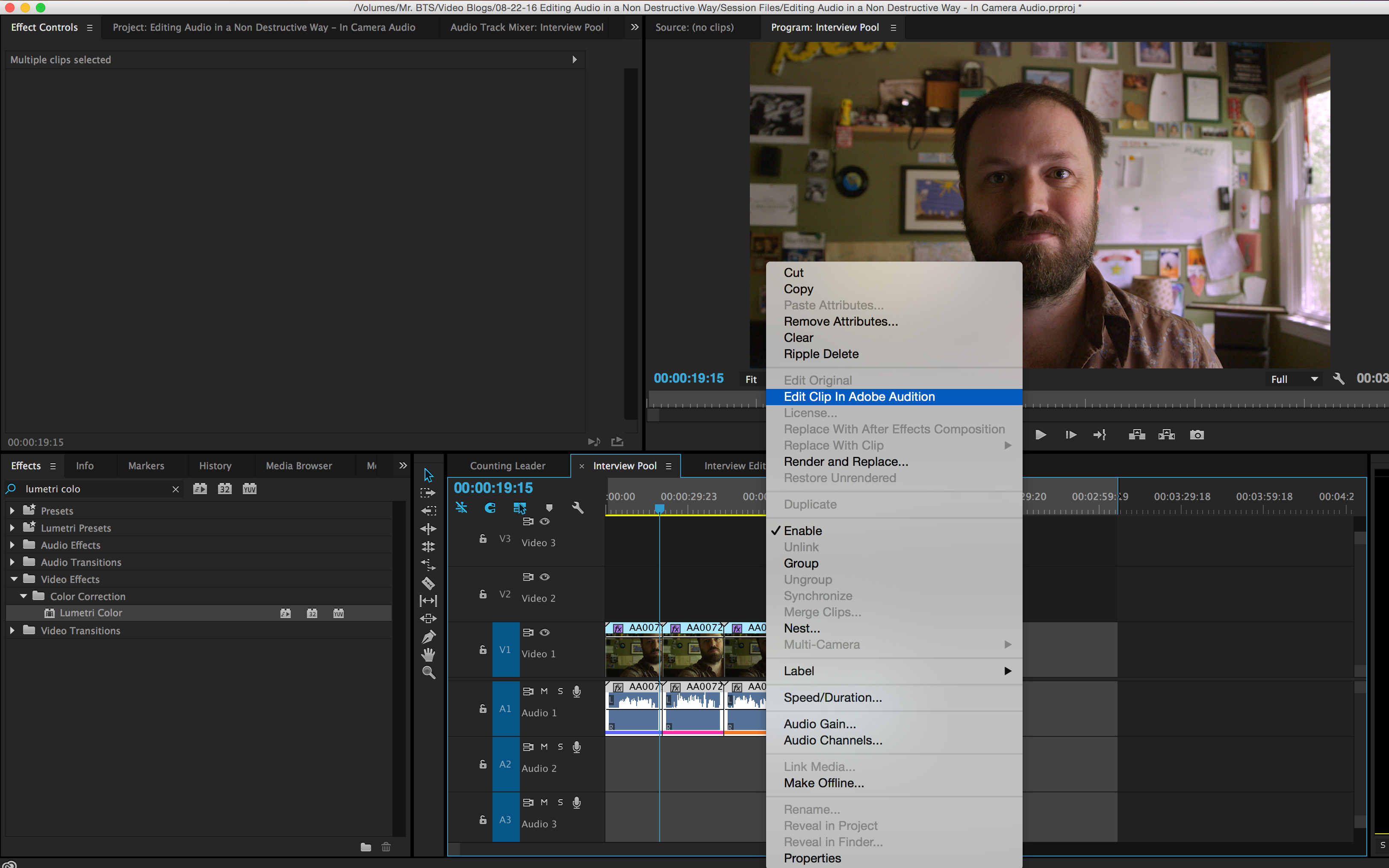 How to Simultaneously Edit Multiple Internal Camera Audio Files: Edit Clip in Adobe Audition