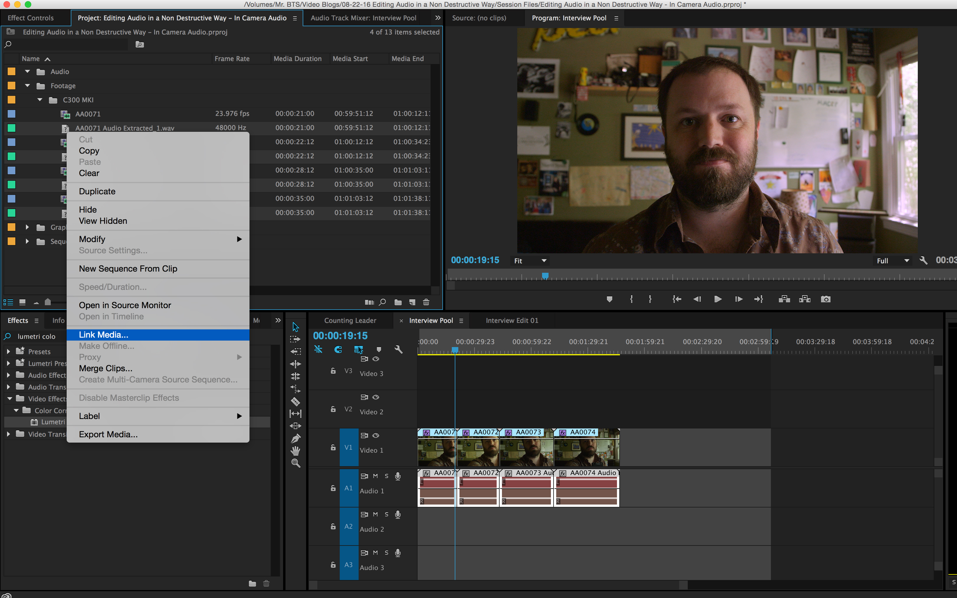 How to Simultaneously Edit Multiple Internal Camera Audio Files: Link Media Adobe Premiere CC