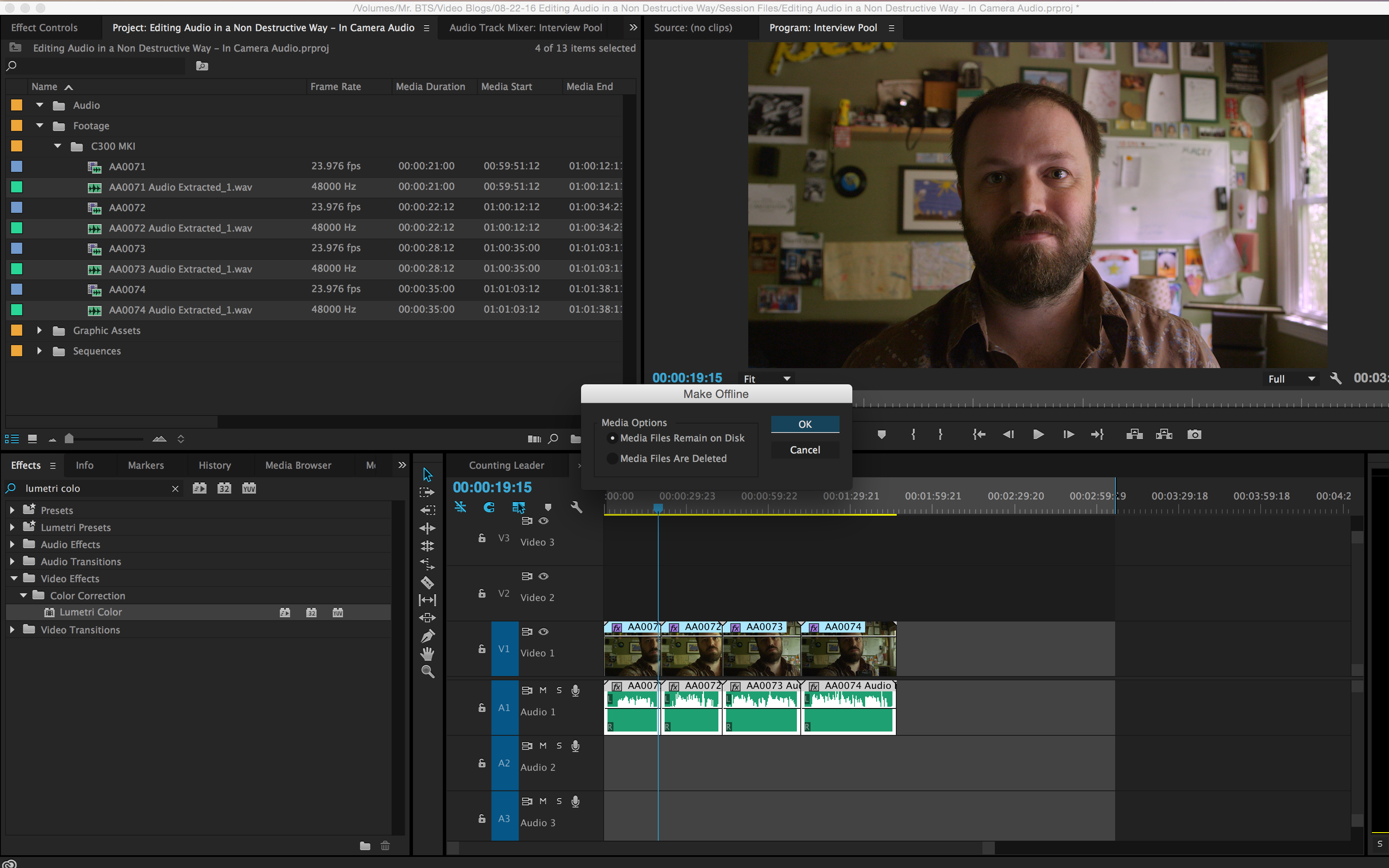 How to Simultaneously Edit Multiple Internal Camera Audio Files: Media Files Remain on Disk Adobe Premiere CC