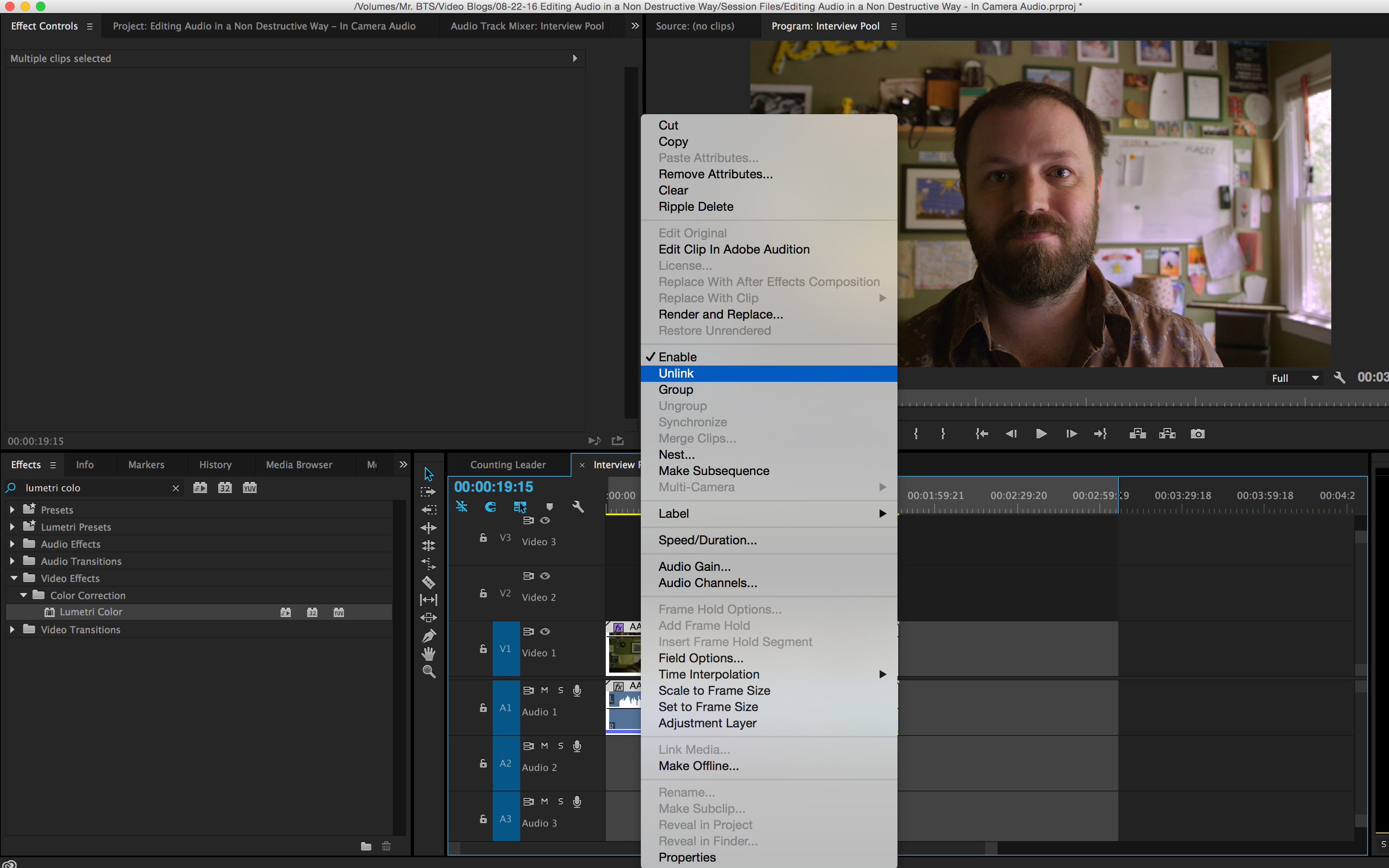 How to Simultaneously Edit Multiple Internal Camera Audio Files: Unlink Audio