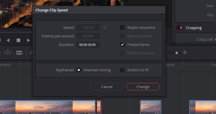 Screenshot of how to change clip speed on your freeze frame