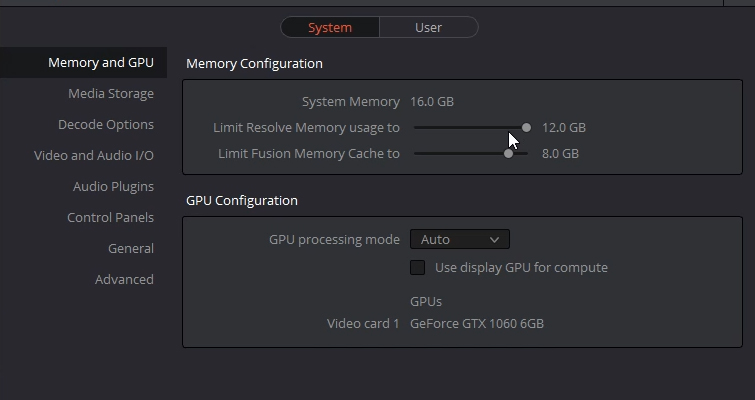 DaVinci Resolve 15 Video Crash Course — Basic Settings — Memory and GPU