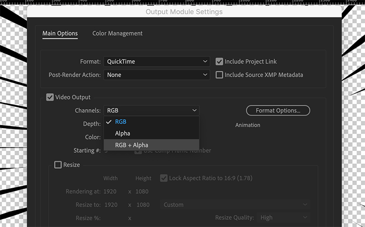 Exporting Video With An Alpha Channel for Transparency in After Effects — Output Module Settings