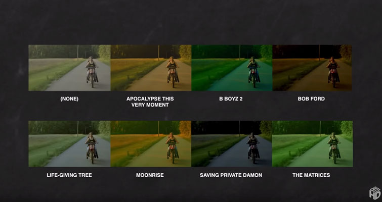 Rows of identical images of a person on a motocycle in various color grades