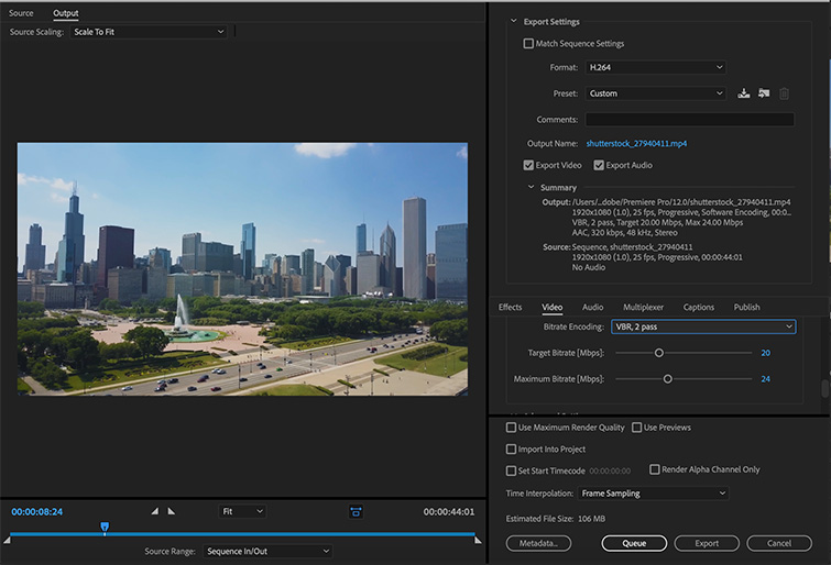 Screenshot of export settings in Premiere Pro