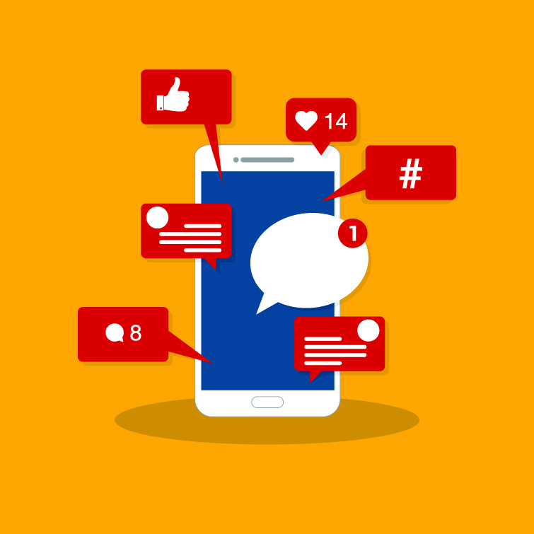 Vector illustration of likes, shares, and comments popping up on a mobile screen