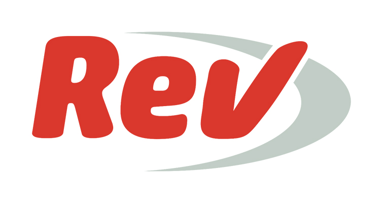 Logo with the word "Rev" in red letters on a white background