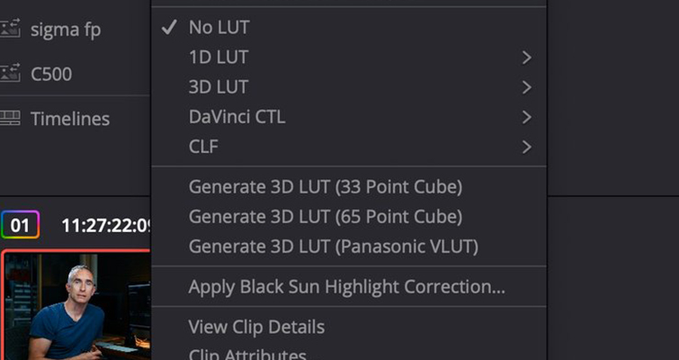 Screenshot of creating a LUT in DaVinci Resolve