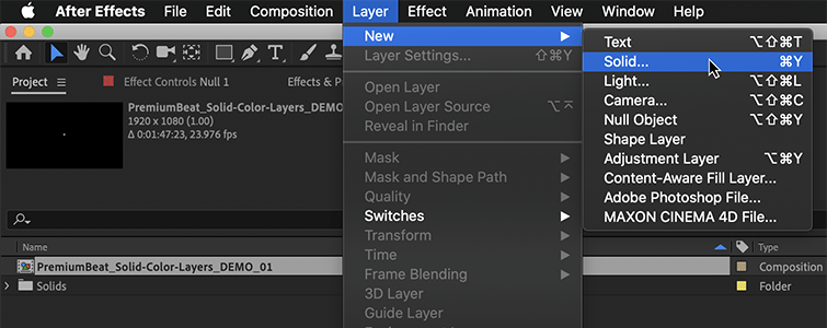 Go to the Layer menu and under “New” select “Solid…”