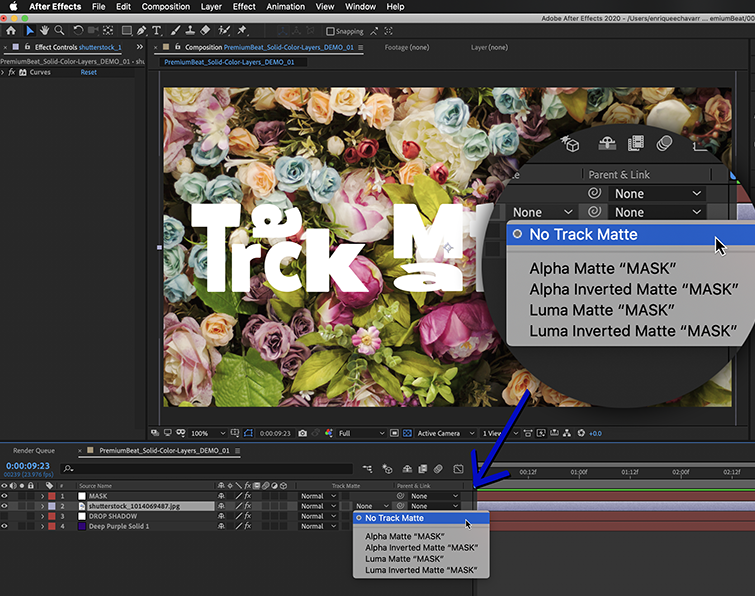 Under the column marked “TrkMat” you can apply a Track Matte to a layer.
