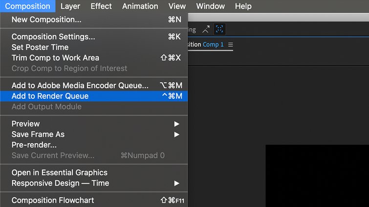 Screenshot of how to add your composition to the render queue