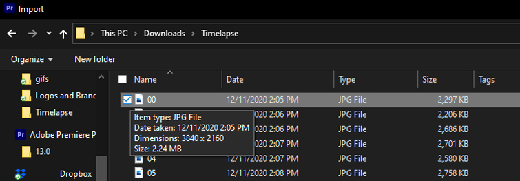 Create a Video Time-lapse from an Image Sequence in Premiere Pro - Select First