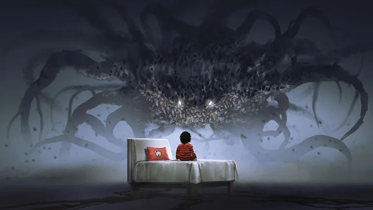 Kid sitting on his bed looking at a nightmare monster