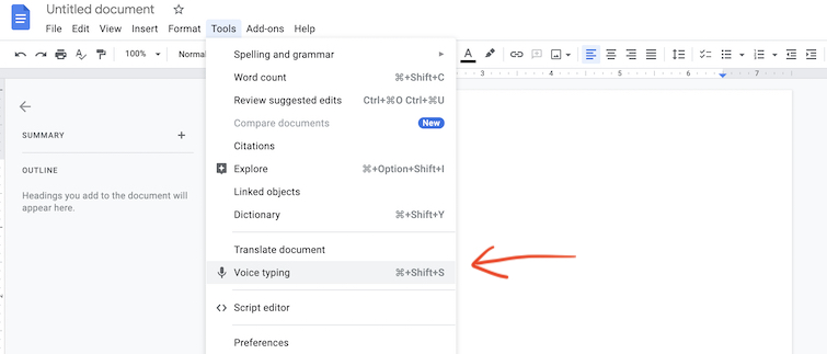 Screenshot of how to select Voice Typing in Google Docs