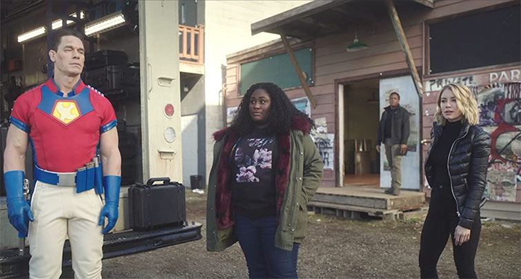 A scene from the series Peacemaker with the team assembling outdoors