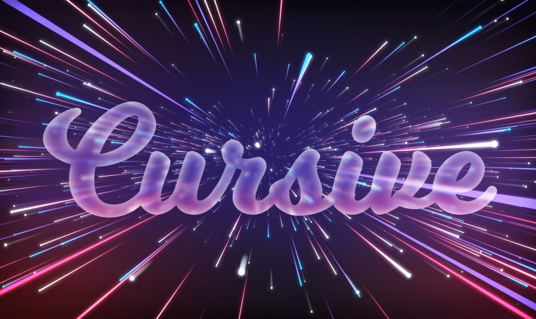 The word "Cursive" in purple with light speed effects around it