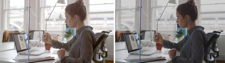 Before and after image of a woman working in her office with bright light and the same woman with softer light