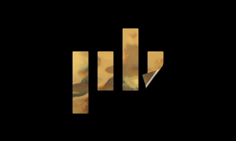 Holographic sticker animation with gold logo on black background