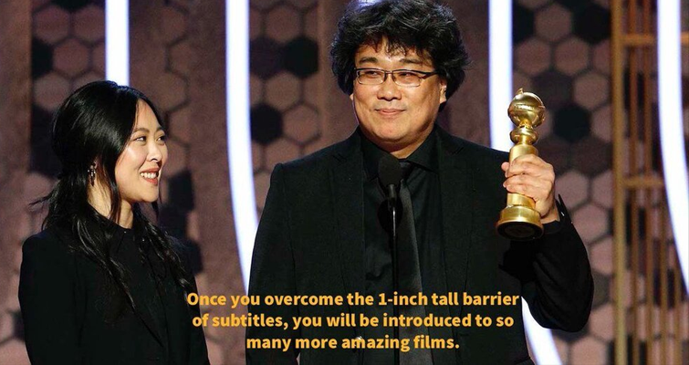 Director Bong Joon-Ho holding his Oscar on stage with subtitles underneath