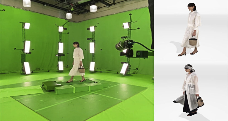 A model is captured in a volumetric studio for a virtual catwalk