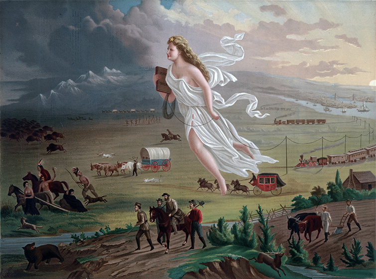John Gast's American Progress (1872) shows Columbia, the beautiful and angelic personification of the United States, leading civilization into the darkness of the American West.