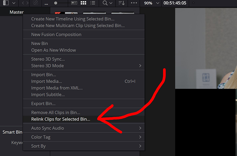 Screenshot of how to Relink Clips for Selected Bin in DaVinci Resolve