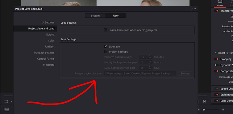 Screenshot of the Project backup location in DaVinci Resolve