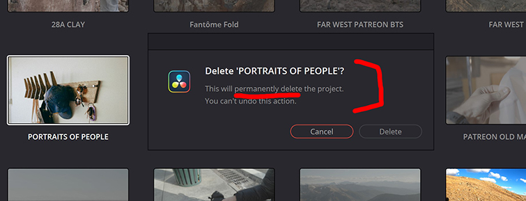 Screenshot of how to delete projects in DaVinci Resolve