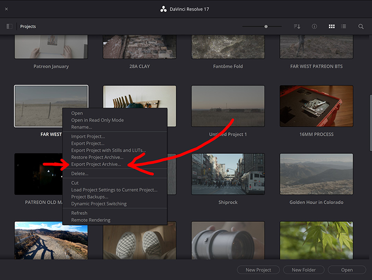 Screenshot of how to Export Project Archive in DaVinci Resolve