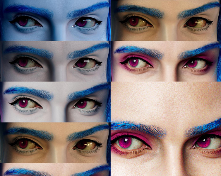Closeup of rows of a character's eyes