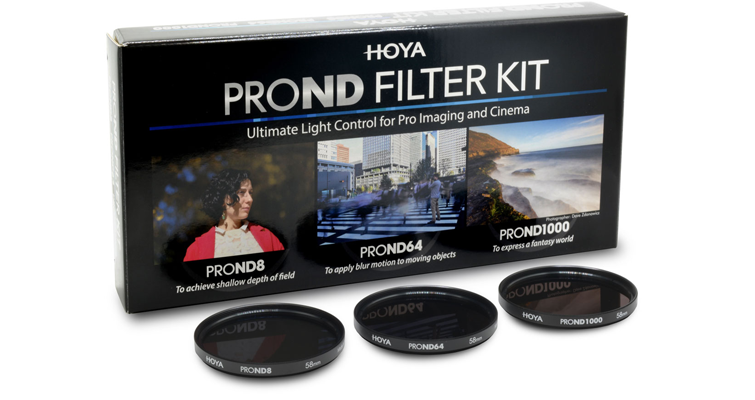 Hoya Product Photo Showing the Pro ND Filter Kit Box and Lenses Against a White Backdrop