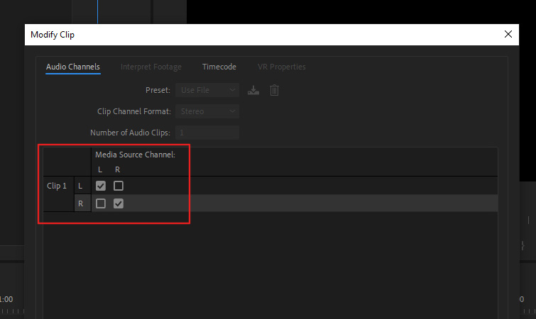 Screenshot of audio channel settings