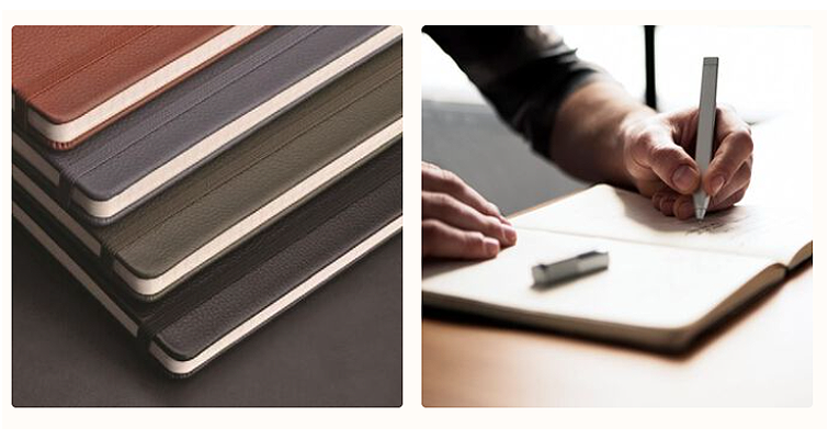 Collage of Two Images. Left Image is a stack of moleskin journals in red, blue, brown, and black. Right image is a man's hand writing in an open moleskin notebook