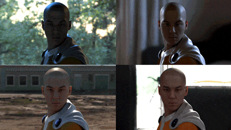 GIF of the same character animated in front of four different backgrounds