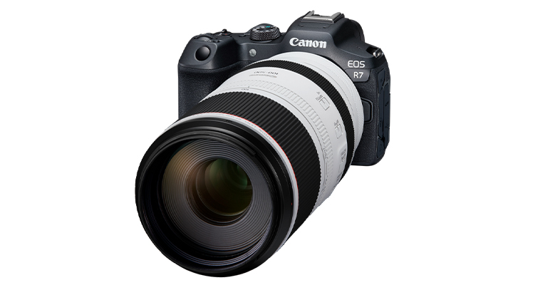 The Canon R7 with a telephoto lens attached
