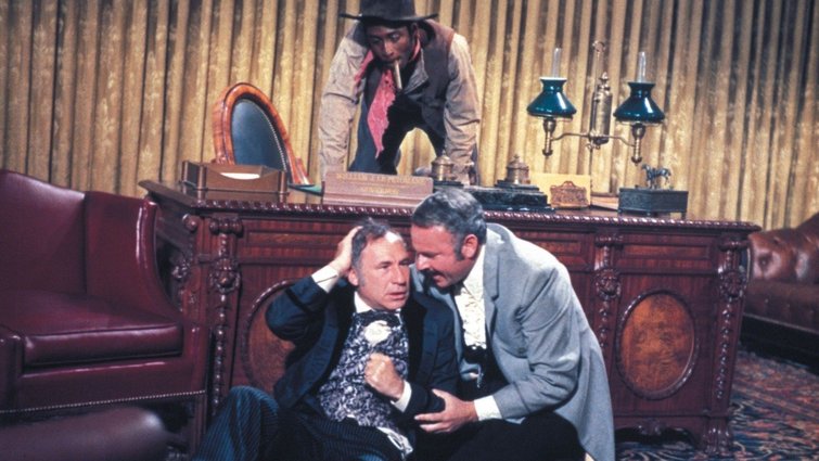 Actors Mel Brooks, Cleavon Little, and Harvey Korman in a scene from Blazing Saddles