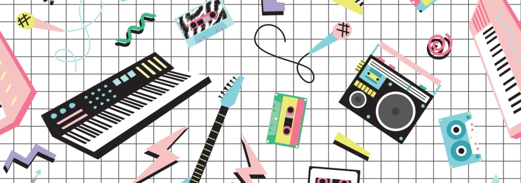Seamless pattern with retro 80s-90s musical instruments and cassette players