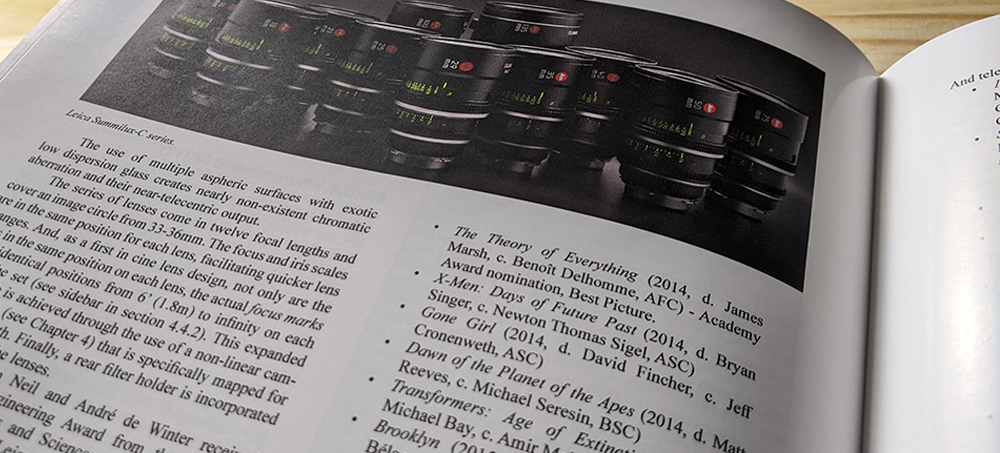 Closeup photo of a page from The Cine Lens Manual Showing Side-by-Side View of Cinema Lenses