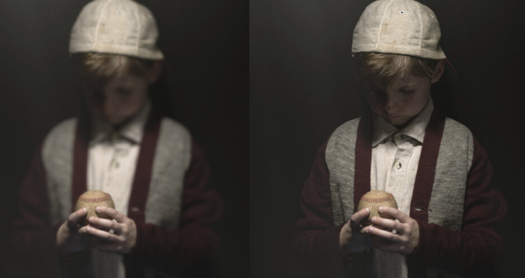 Duplicate images side by side of a boy holding a ball - one is blurry while the other is in focus