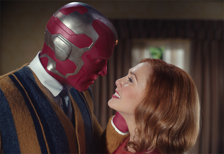 Screenshot from WandaVision showing affectionate moment between Vision and Wanda