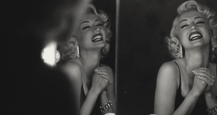 Ana de Armas as Marilyn Monroe reflected in mirrors in a scene set in a dressing room