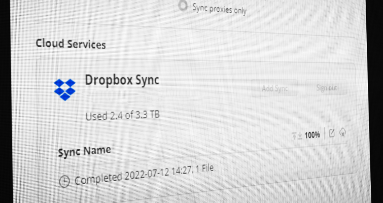Screengrab showing Dropbox syncing with Blackmagic