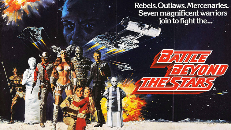 Scan of a promotional poster for Battle Beyond the Stars showing the characters against a background of a star field and exploding space ships