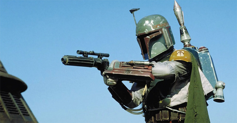 Screenshot of Boba Fett against a blue sky aiming a blaster in The Empire Strikes Back