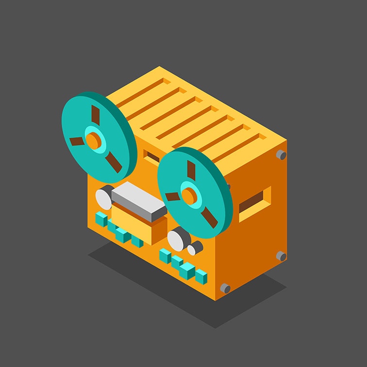 3D isometric flat illustration of a reel-to-reel studio tape recorder