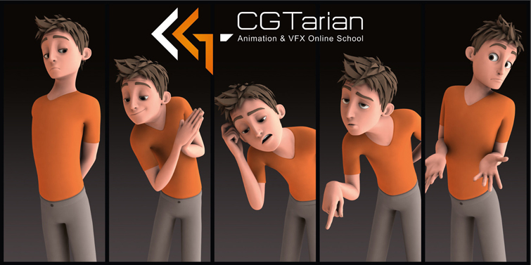 A 3D character in an orange shirt in various poses and facial expressions 